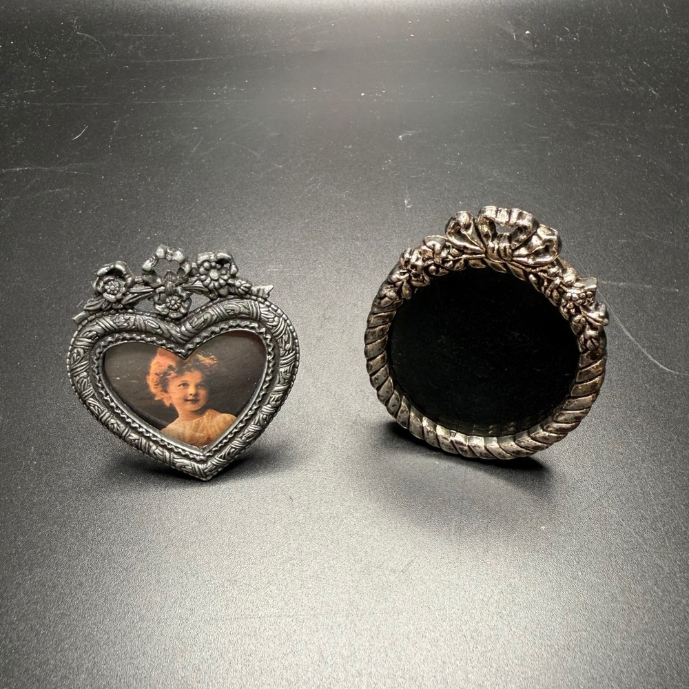 Vintage Miniature Pewter Heart and Oval Picture Frames Set Floral Bow Victorian
